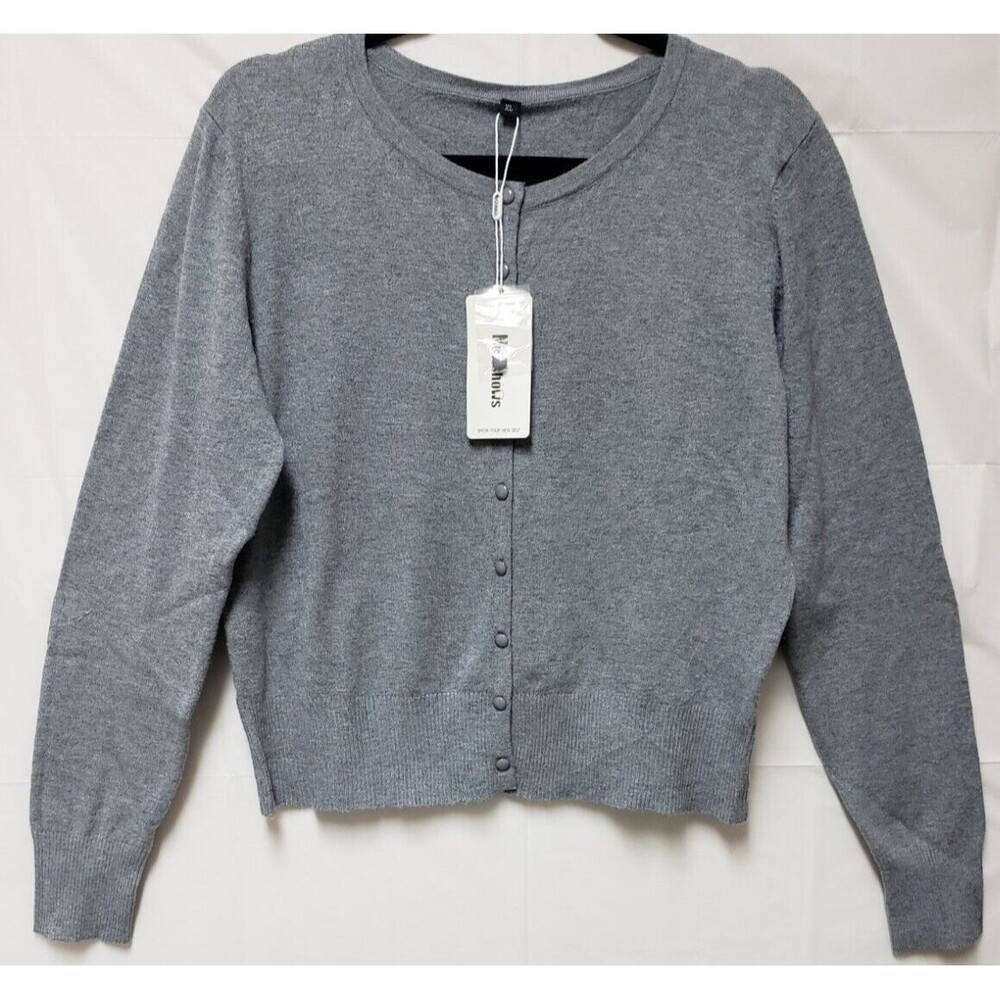 Women’s Newshows Button Down Cardigan Gray Long Sleeve Casual Crew Neck Sz XL